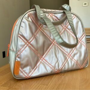 Vintage Y2K Clinique Happy Quilted Makeup Bag Tote Lunch Bag Orange Silver Zip
